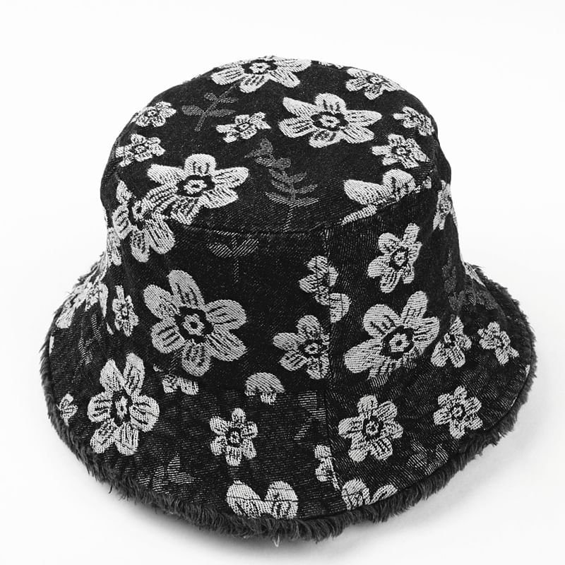 Bucket Floral Washed Denim Frayed Print Hat
