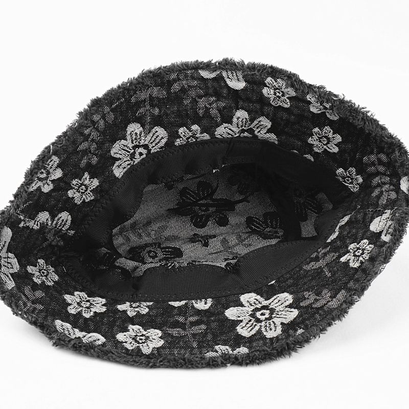 Bucket Floral Washed Denim Frayed Print Hat