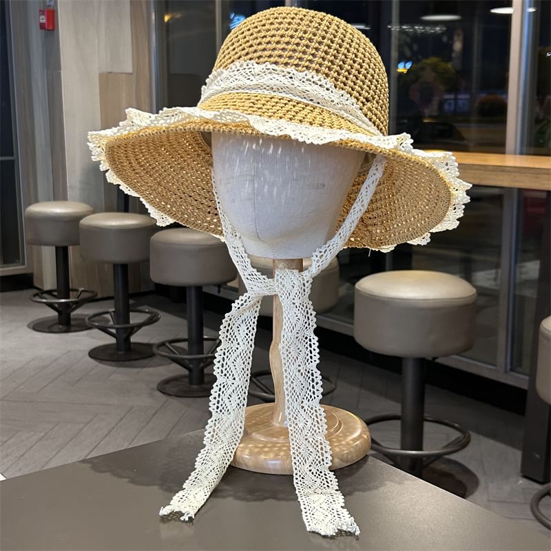 Hat Lace Trim Knit Sun Perforated