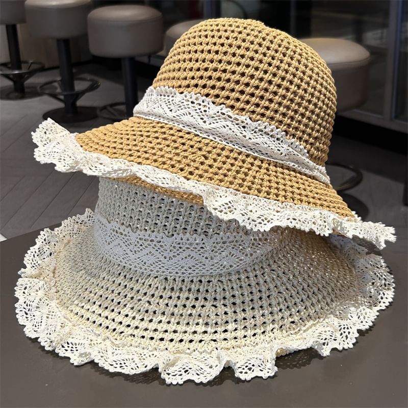 Hat Lace Trim Knit Sun Perforated