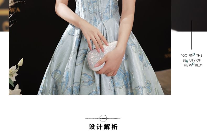 Short-Sleeve Butterfly Print A-Line Evening Gown