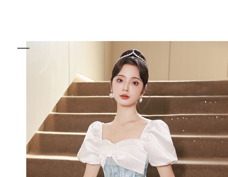 Short-Sleeve Butterfly Print A-Line Evening Gown