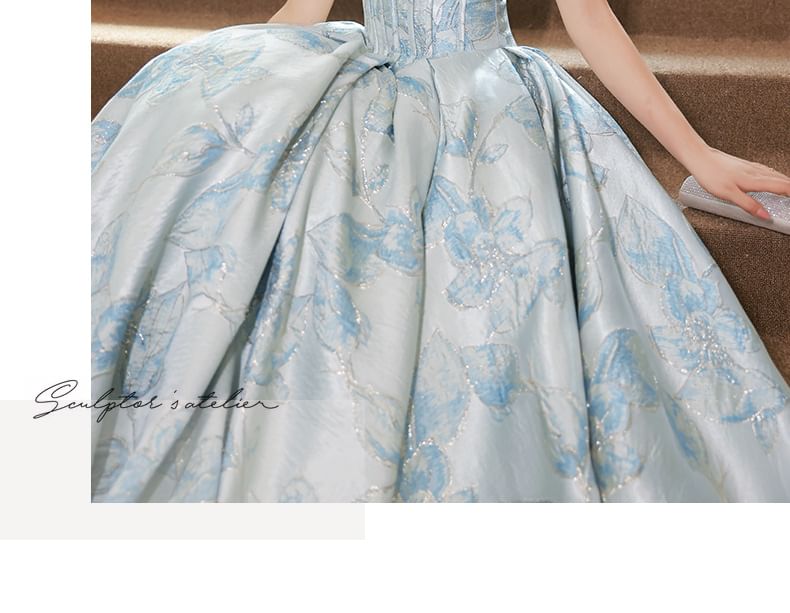 Short-Sleeve Butterfly Print A-Line Evening Gown