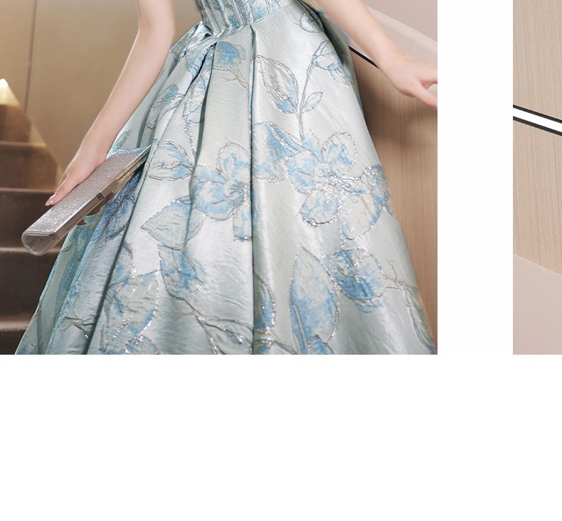 Short-Sleeve Butterfly Print A-Line Evening Gown