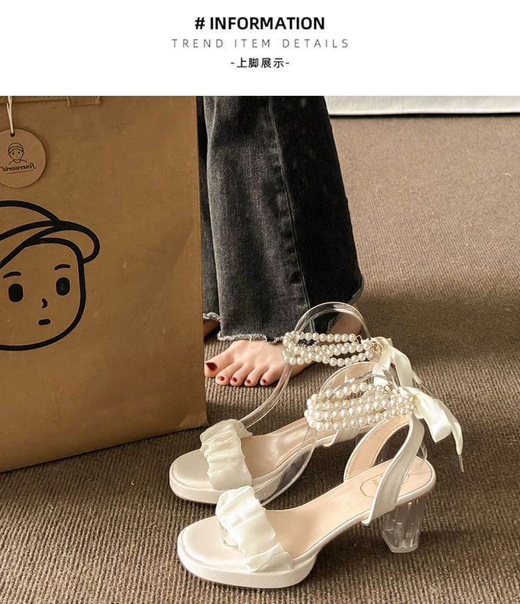 Tie-Up Pearl Heel Block Strap Sandals Platform Ankle Faux