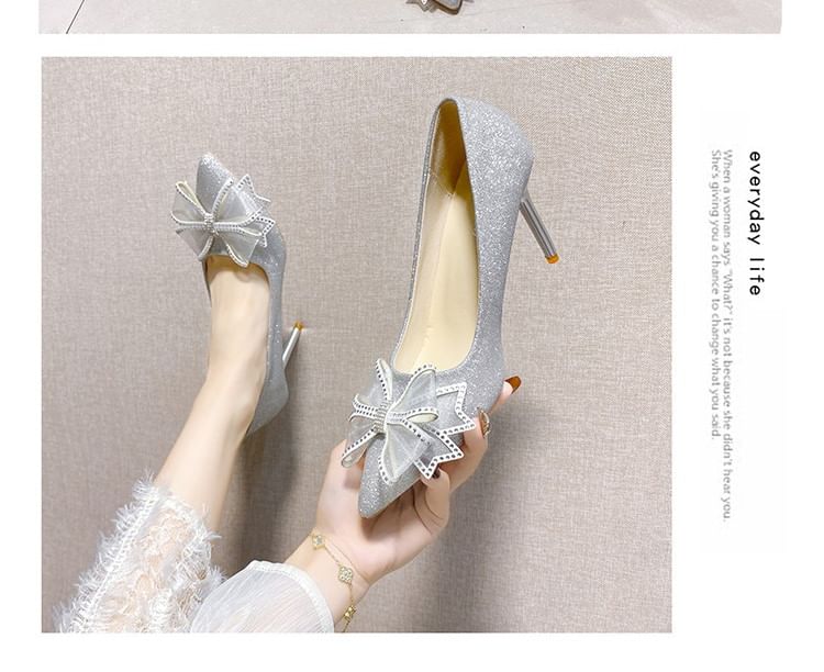 Bow Rhinestone Pumps Stiletto Toe Glitter Pointed