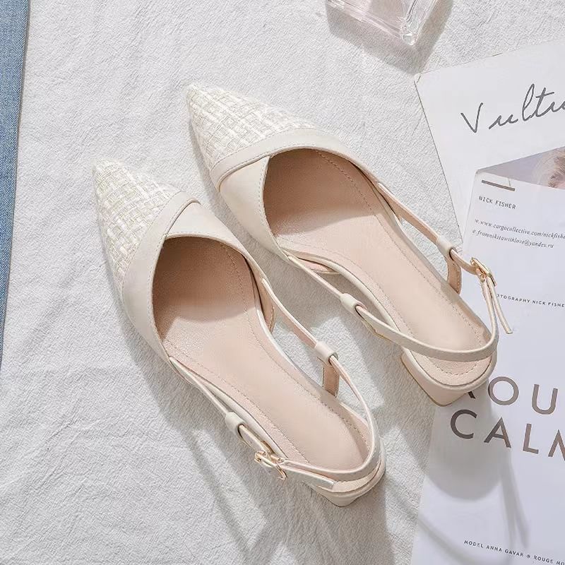 Tweed Pumps Block Slingback Toe Pointed Heel Panel