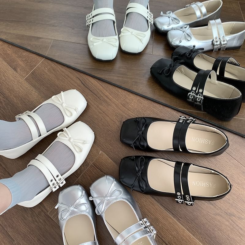 Leather Mary Square Flats Bow Faux Plain Accent Jane Toe