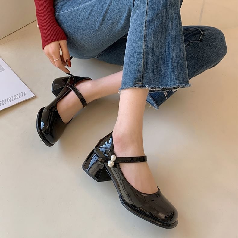 Jane Faux Mary Pearl Block Pumps Heel