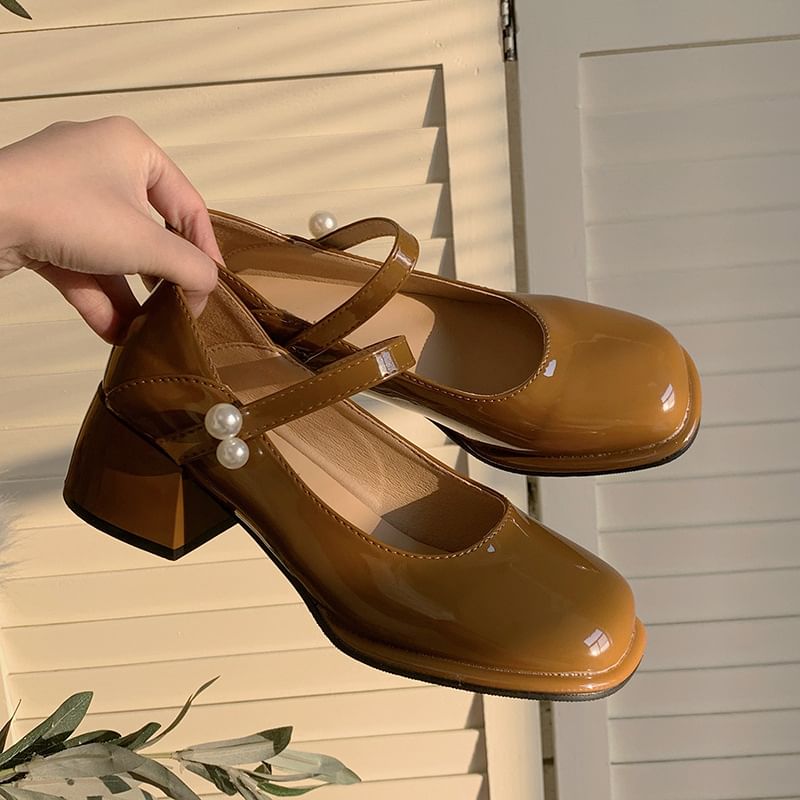 Jane Faux Mary Pearl Block Pumps Heel