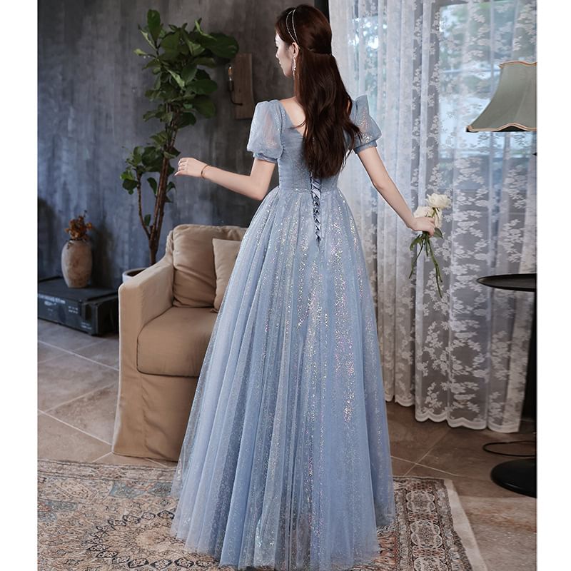 Short-Sleeve Square Neck Glitter A-Line Evening Gown