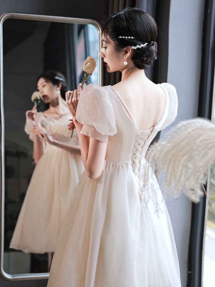 Short-Sleeve V-Neck Glitter A-Line Evening Gown / Party Dress