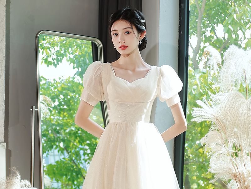 Short-Sleeve V-Neck Glitter A-Line Evening Gown / Party Dress