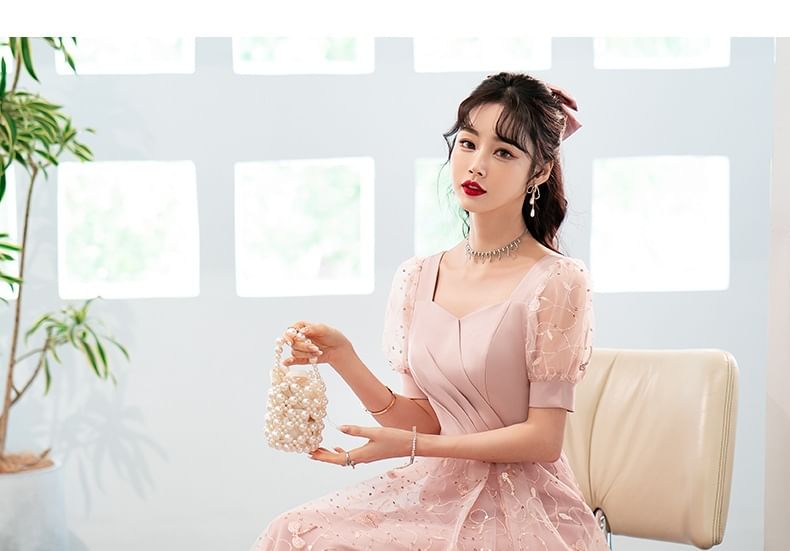 Short-Sleeve Square Neck Glitter A-Line Evening Gown (Various Designs)