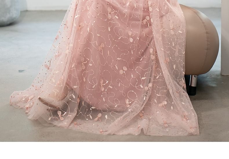 Short-Sleeve Square Neck Glitter A-Line Evening Gown (Various Designs)