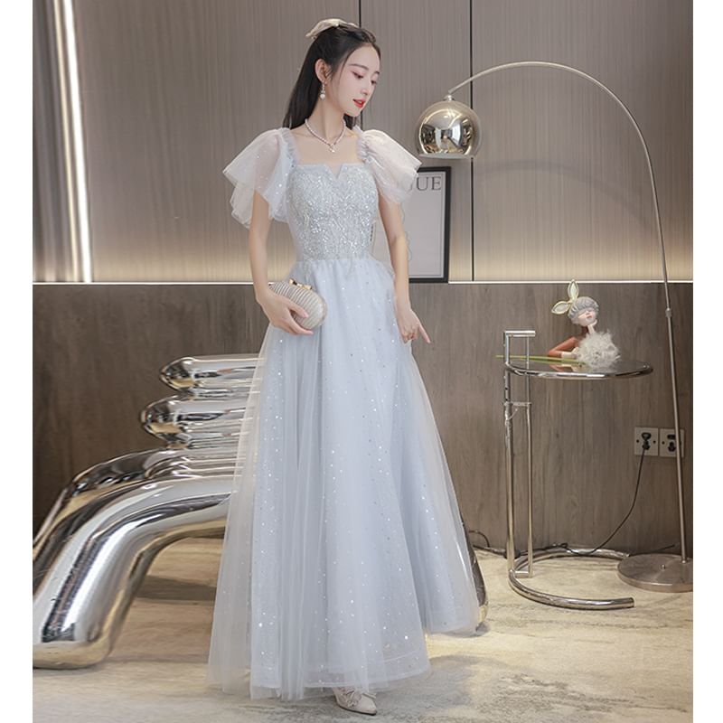 Short-Sleeve Square Neck Plain A-Line Evening Gown (Various Designs)