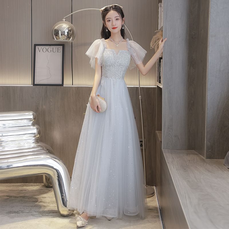 Short-Sleeve Square Neck Plain A-Line Evening Gown (Various Designs)