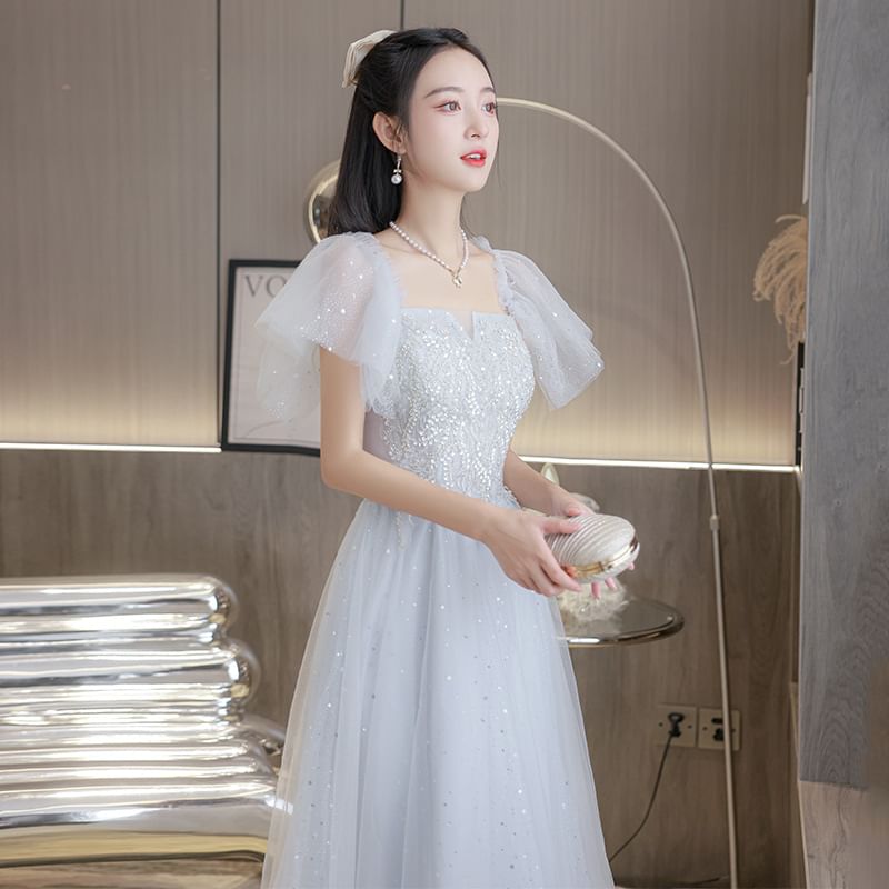 Short-Sleeve Square Neck Plain A-Line Evening Gown (Various Designs)