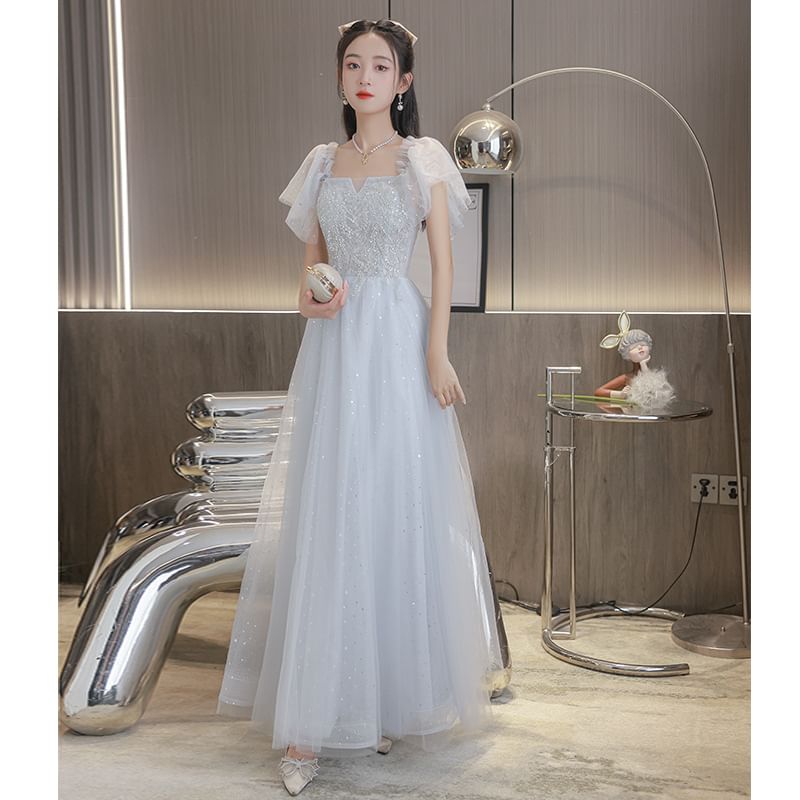 Short-Sleeve Square Neck Plain A-Line Evening Gown (Various Designs)