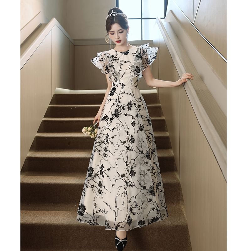 Short-Sleeve Floral A-Line Evening Gown (Various Designs)