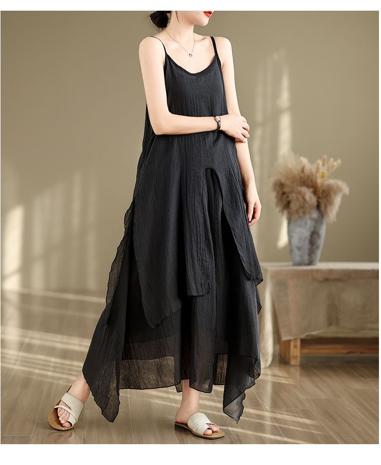 Spaghetti Strap Plain Asymmetrical Maxi A-Line Dress