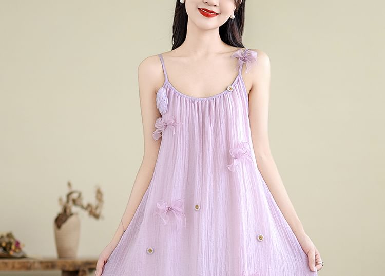 Spaghetti Strap Floral Applique Bow Ruffle Midi A-Line Dress