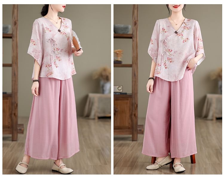 Set: Elbow-Sleeve V-Neck Floral Print Tie Front Wrap Top + High Waist Plain Wide Leg Pants