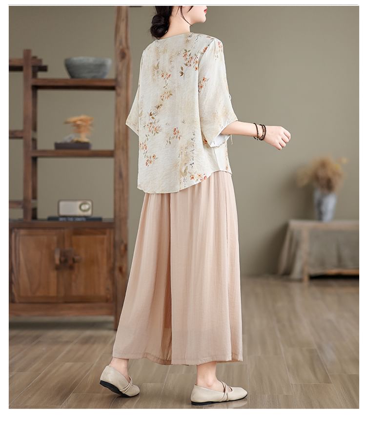 Set: Elbow-Sleeve V-Neck Floral Print Tie Front Wrap Top + High Waist Plain Wide Leg Pants