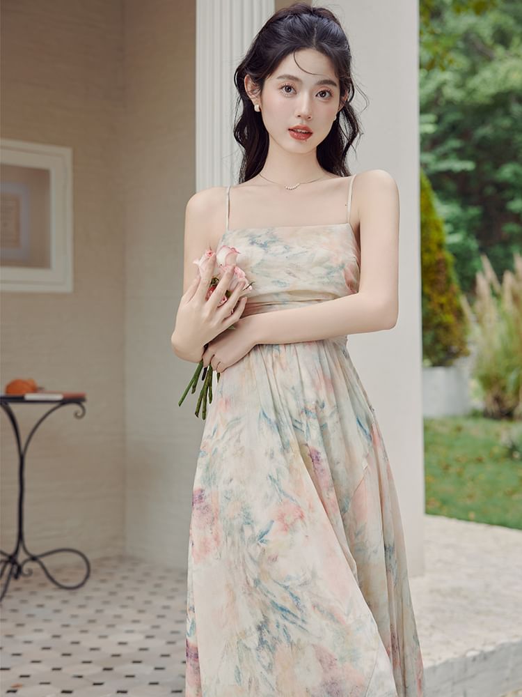 Set: Spaghetti Strap Floral Print Ruched Midi A