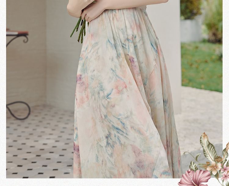 Set: Spaghetti Strap Floral Print Ruched Midi A