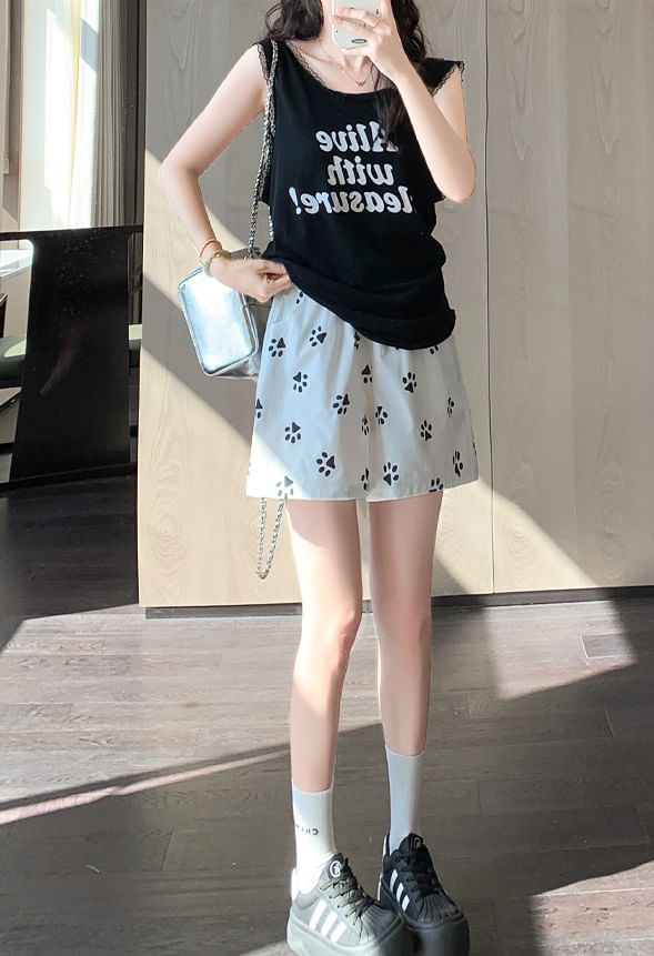 Paw Print High Waist Wide Leg Shorts