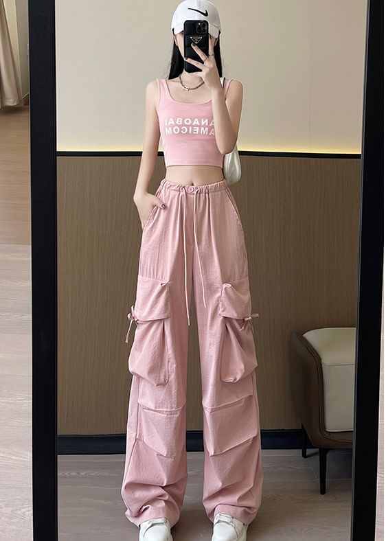 Bow Accent High Waist Plain Wide Leg Parachute Cargo Sweatpants