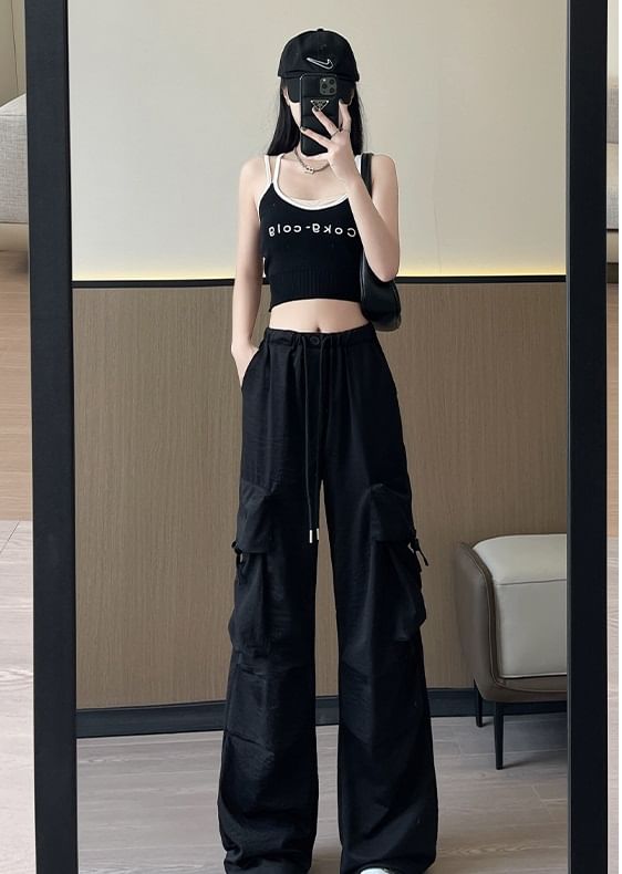 Bow Accent High Waist Plain Wide Leg Parachute Cargo Sweatpants