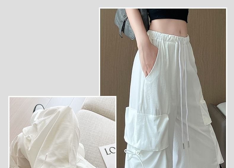 Bow Accent High Waist Plain Wide Leg Parachute Cargo Sweatpants