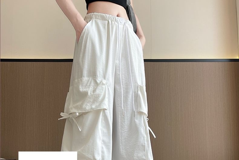 Bow Accent High Waist Plain Wide Leg Parachute Cargo Sweatpants