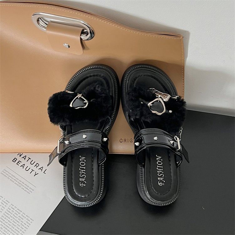 Heart Buckled Studded Platform Slide Sandals