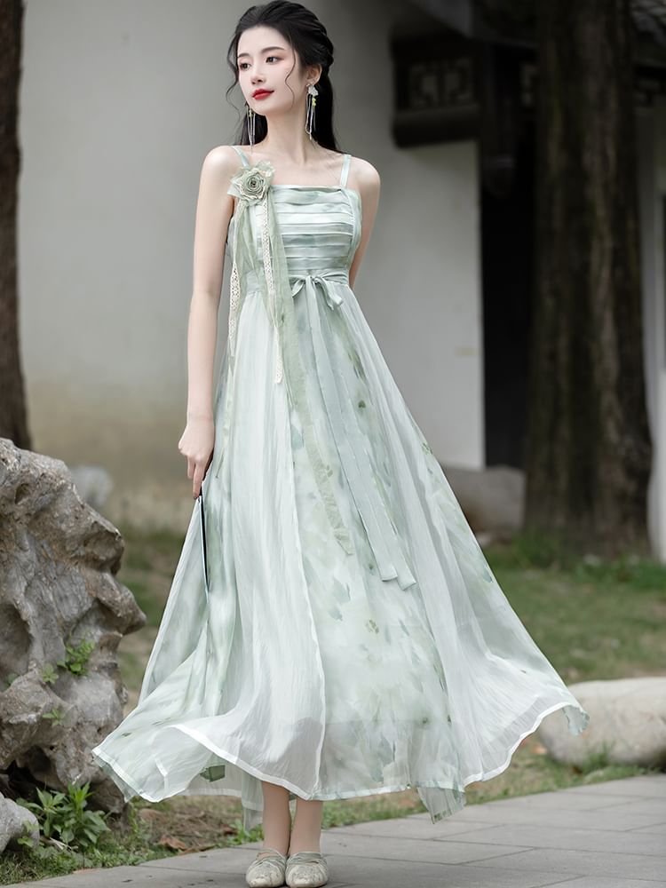 Traditional Chinese Spaghetti Strap Print Faux Pearl Midi A-Line Dress / Light Jacket / Flower Brooch