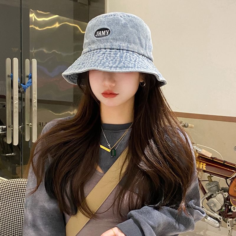 Hat Lettering Denim Bucket Washed Embroidered