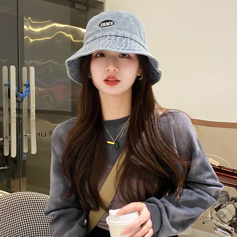 Hat Lettering Denim Bucket Washed Embroidered
