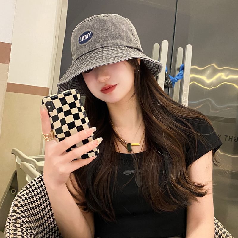 Hat Lettering Denim Bucket Washed Embroidered