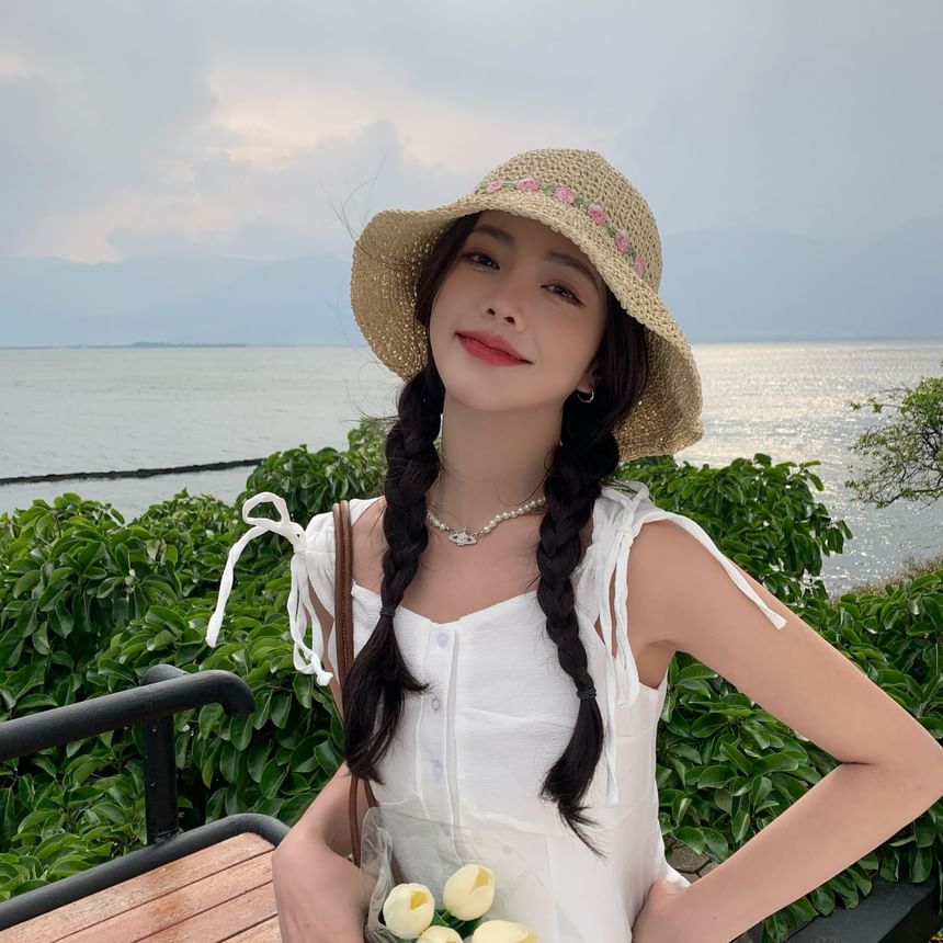 Straw Floral Hat Sun Embroidered