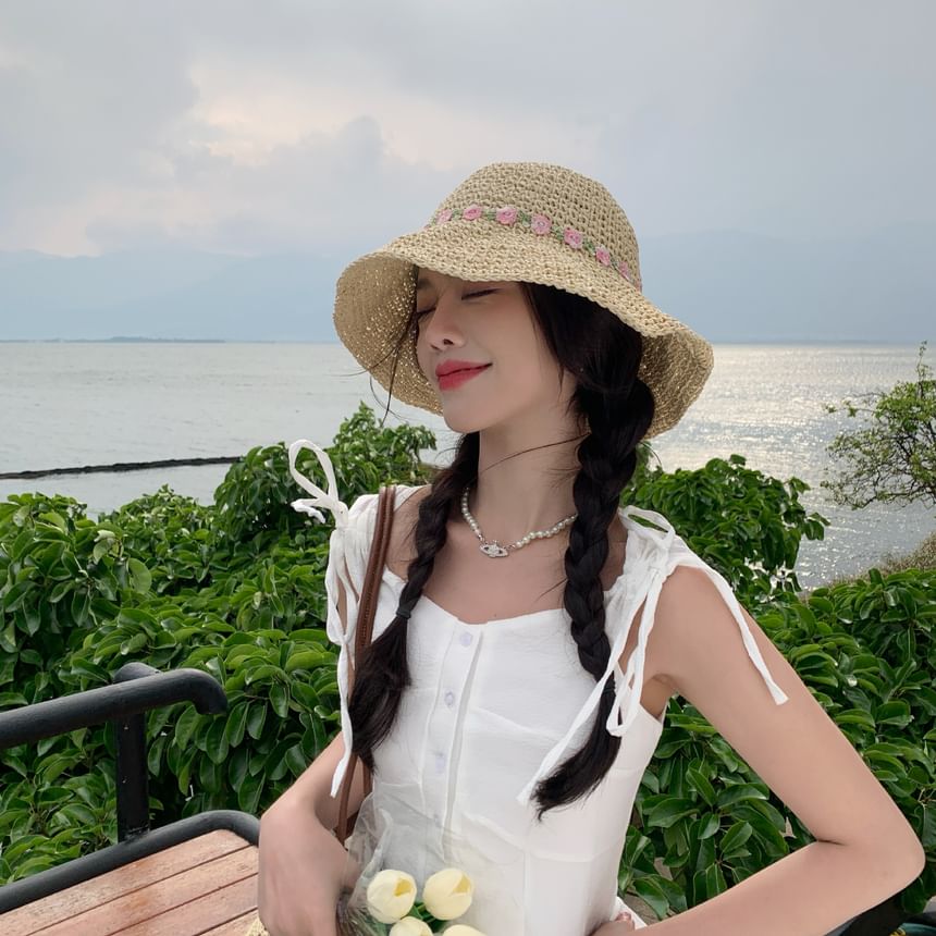 Straw Floral Hat Sun Embroidered