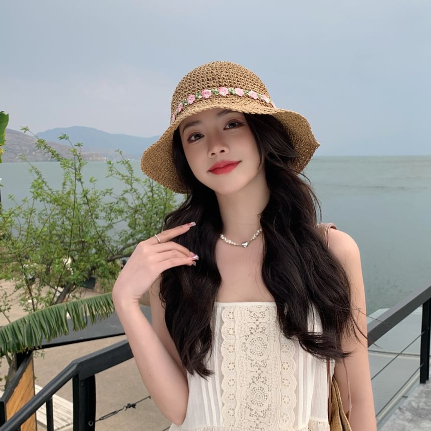 Straw Floral Hat Sun Embroidered