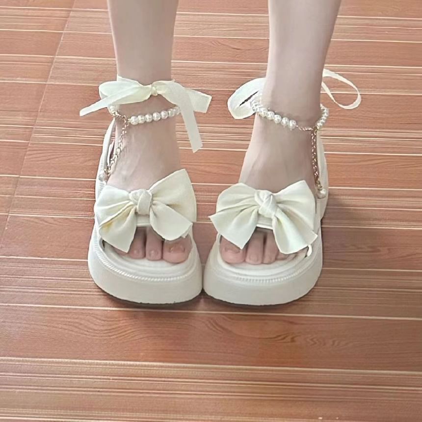 Platform Bow Faux Pearl Ankle Strap Sandals