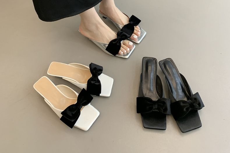 Kitten Heel Sandals Slide Bow