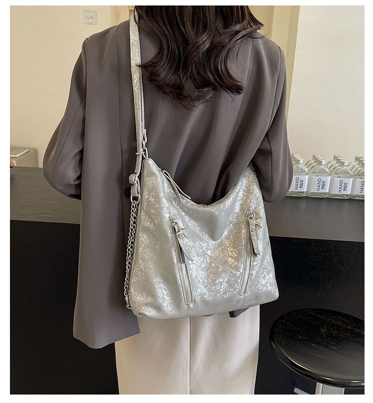 Leather Strap Backpack Zipped Plain Chain Faux