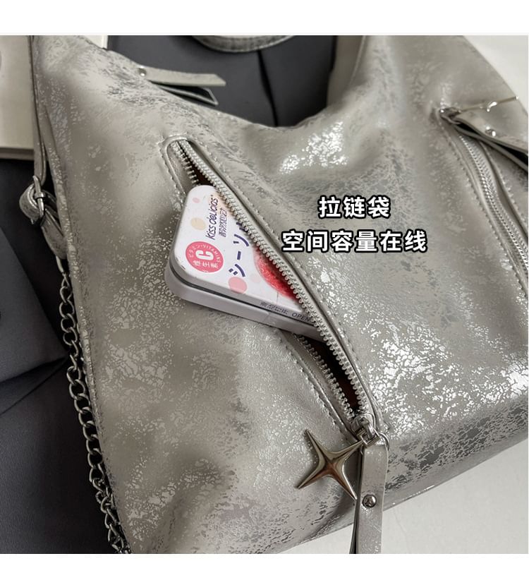 Leather Strap Backpack Zipped Plain Chain Faux