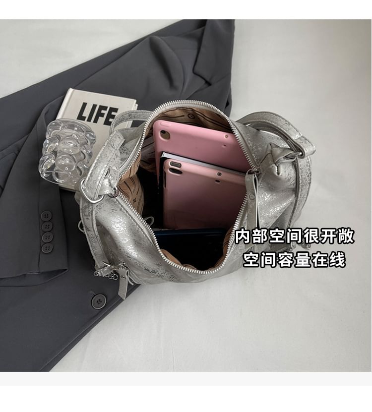 Leather Strap Backpack Zipped Plain Chain Faux