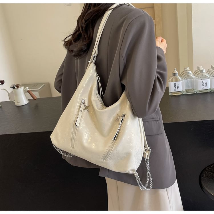 Leather Strap Backpack Zipped Plain Chain Faux