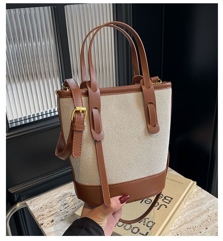Bucket Two Panel Leather Faux Canvas Tone Bag